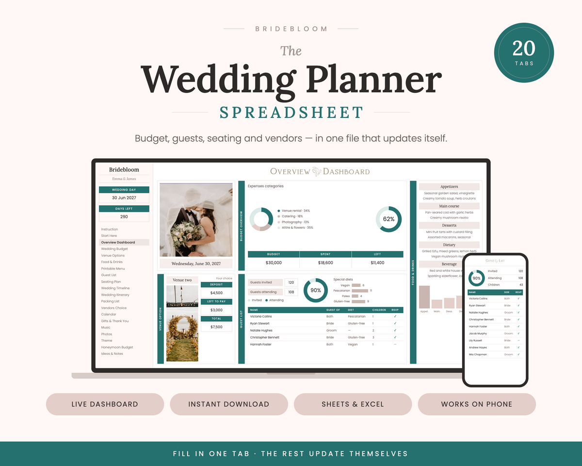 Wedding Planner Spreadsheet with Live Dashboard | Budget, Guest List & Seating